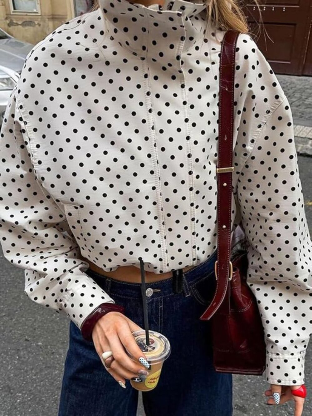 ✨ NWT Polka Dot Cropped Bomber Jacket Zip Up Windbreaker White Black S - Picture 11 of 11